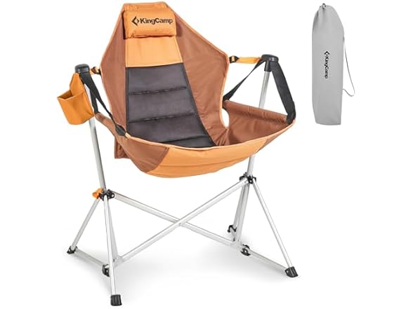 KingCamp Hammock Camping Chair Swinging Rocking Chair for Adults Lawn Beach Camp Outside Portable Folding Chair Hold Up to 264 lbs with Adjustable Back Support Carrying Bag Cup Holder (Brown)