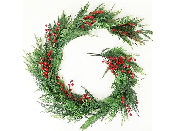 TISEMENT Norfolk Pine Cypress Garlands with Red Berries, 6Ft