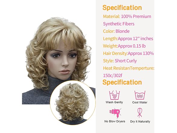 Kalyss Short Curly Blonde Wig with Bangs 12 in