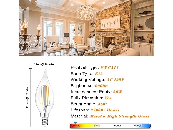 TOBUSA Dimmable E12 Candelabra LED Bulbs 6W 2700K
