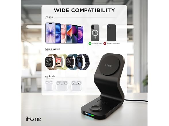 iHome 15W 3-in-1 Magnetic Wireless Charging Stand