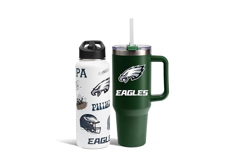 The Memory Company Officially Licensed NFL 2-Pack Stainless Steel Tumbler Set, 34oz Team Spirit Water Bottle & 40oz Game Day Tumbler with Lid and Straw, BPA-Free Materials, Convenient Straw Design