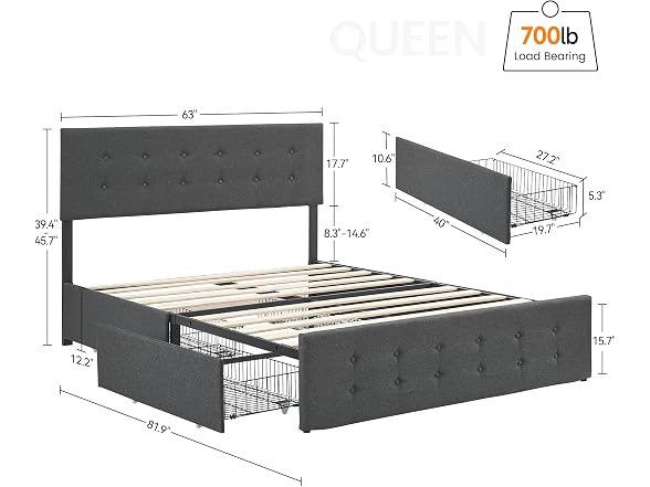 IDEALHOUSE Queen Bed, 4 Drawers, Grey