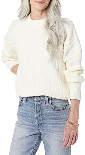 Amazon Essentials Women's Cable Knit Sweater, Soft-Touch Modern Crewneck, Ivory, X-Small, Plus Size Available