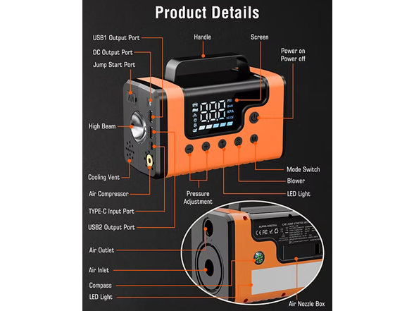 Alpha Digital A28 Jump Starter w/ Air & Vac