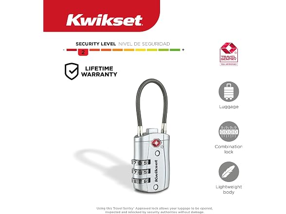 Kwikset TSA Luggage Lock with Cable, 2-Pack Silver