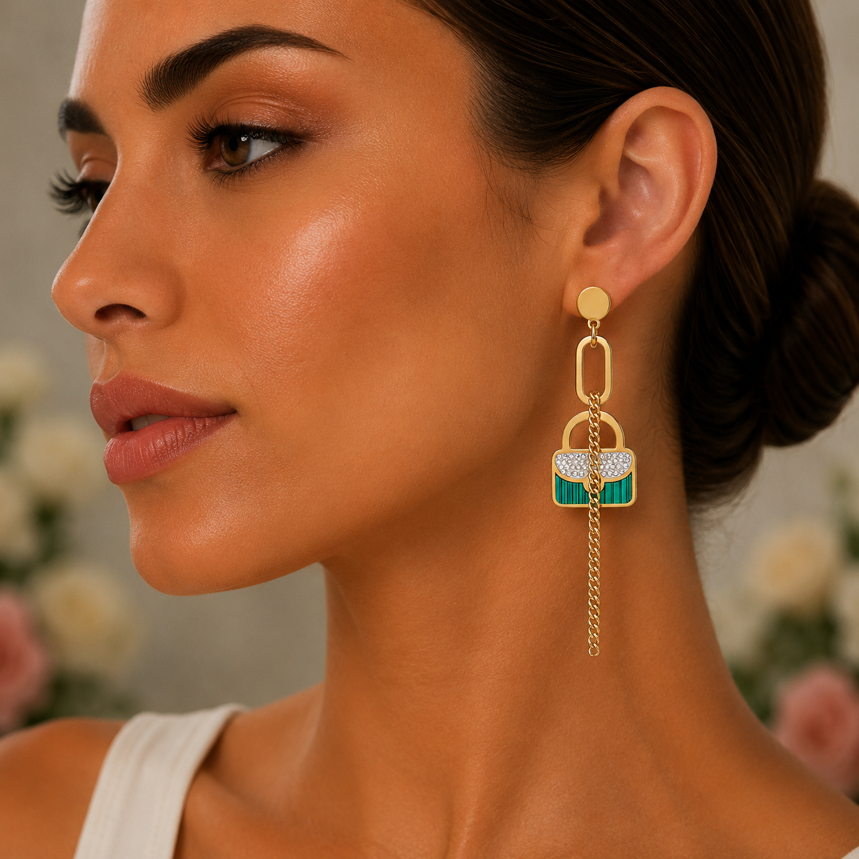 18K Gold Padlock Chain Drop Earrings - Gallery 6