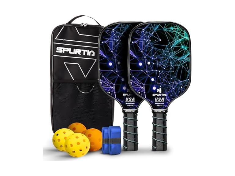 Spurtia Pickleball Paddles Set of 2 - USAPA Approved Fiberglass Pickle Ball Rackets with Balls, Grip Tapes and Carry Bag - Lightweight Pickleball Set for Men, Women and Beginners