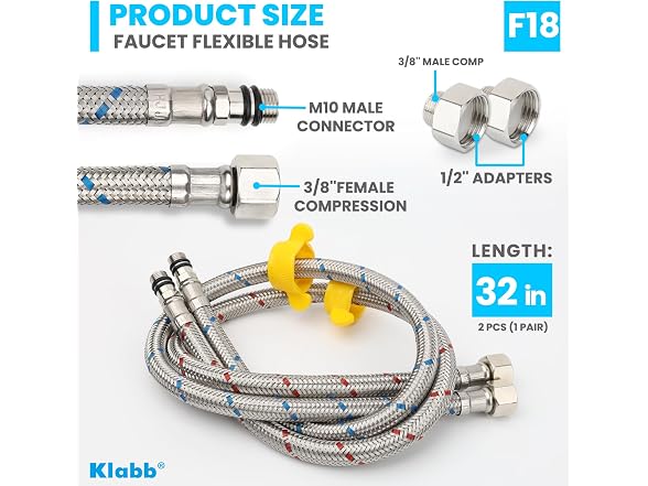 Klabb 32-Inch Stainless Steel Braided Faucet Supply Line