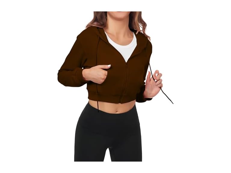 FKEEP Cropped Zip Up Hoodie Women Jacket Top Sweatshirt Casual Basic Gym Workout Sport Brown