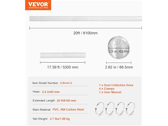 Dust Collection Hose, 2.5'' x 20', Thickened PVC