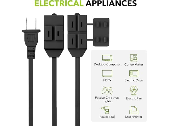 HBN Extension Cord, 3-Pack 3FT Black, 2 Prong