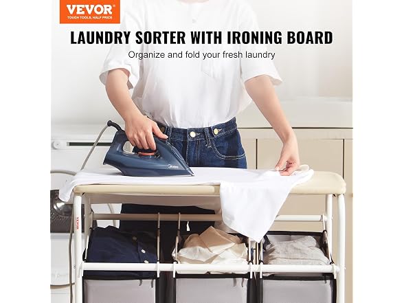 3-Section Laundry Sorter Cart with Ironing