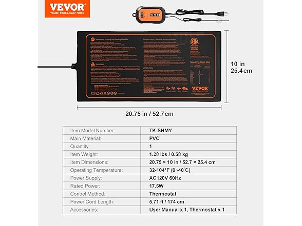 VEVOR 10"x 20.75" Seedling Heat Mat w/ Digital Thermostat Combo Set