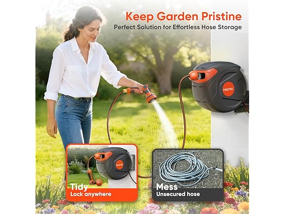 NEOTEC Retractable Garden Hose Reel 1/2 in x 65 Ft Wall Mounted, Lightweight & Durable, 9-Function Sprayer Nozzle, Any Length Lock, Slow Return & 180° Swivel (Open Box)