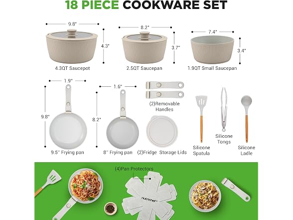 NutriChef 18-Piece Ceramic Cookware Set Cream