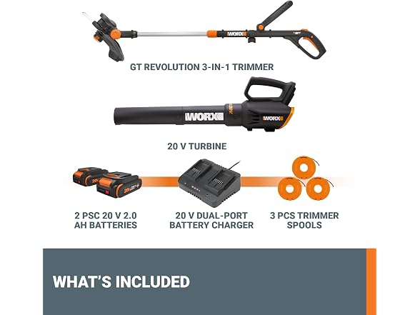 Worx 20V 12" Cordless String Trimmer & Leaf Blower Combo, 2 Batteries & Charger