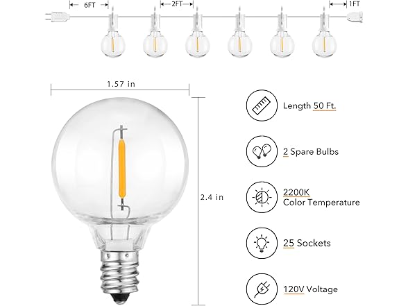 Brightown Outdoor String Lights, 50FT White - Gallery 2