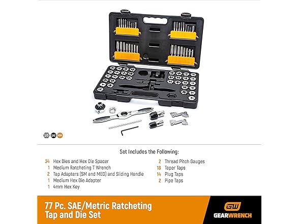 Gearwrench 3887 77 Piece SAE/Metric Ratcheting Tap and Die Set