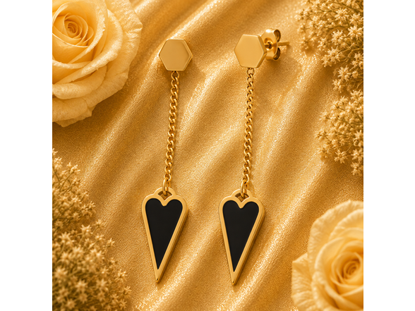 18K Gold Black Heart Drop Earrings
