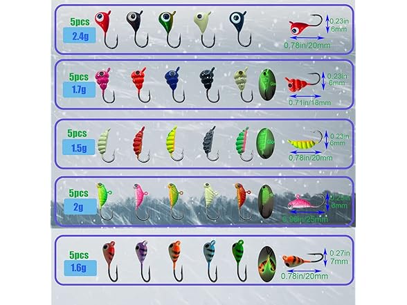 Jiatai Fishing 25Pcs Ice Fishing Jigs