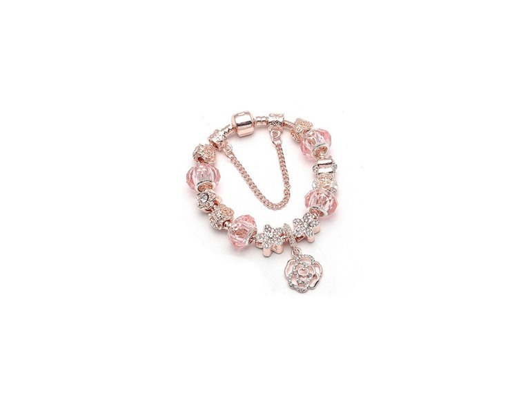 Yeidid 18K Rose Gold Plated Pink Crystal Flower Charm Bracelet