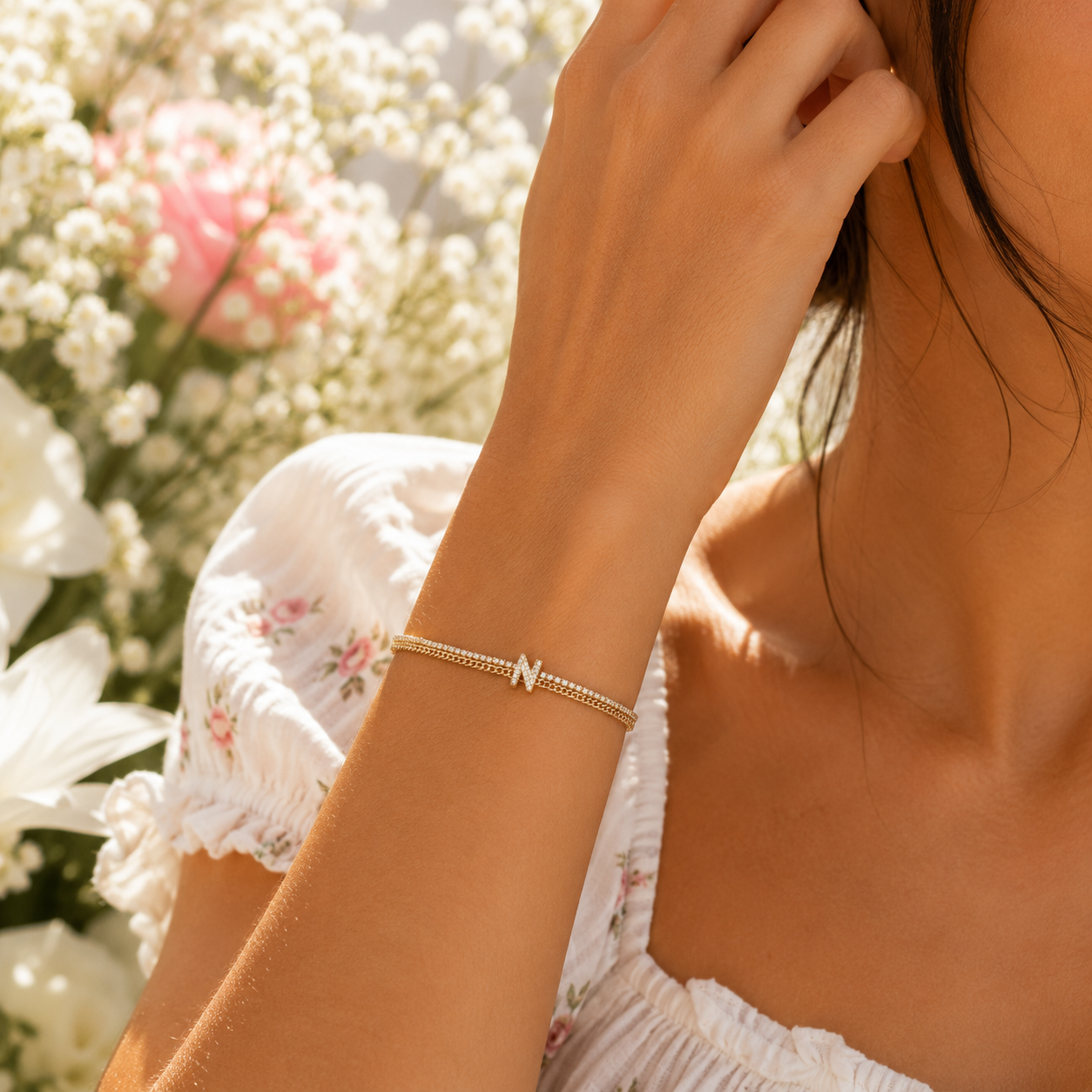 18K Gold Initial Tennis Cuban Bracelet - Gallery 11