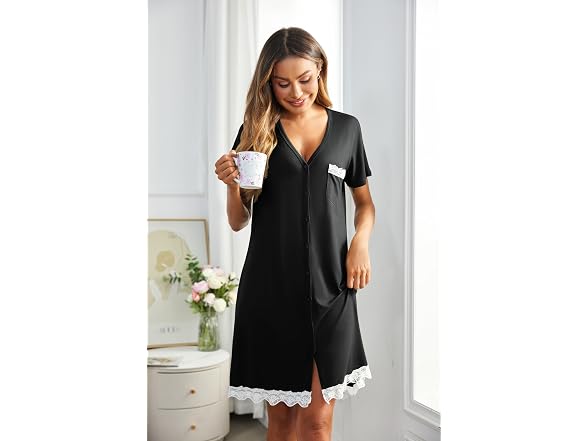 Ekouaer (M) Night Gown Soft V Neck Up Nightgowns