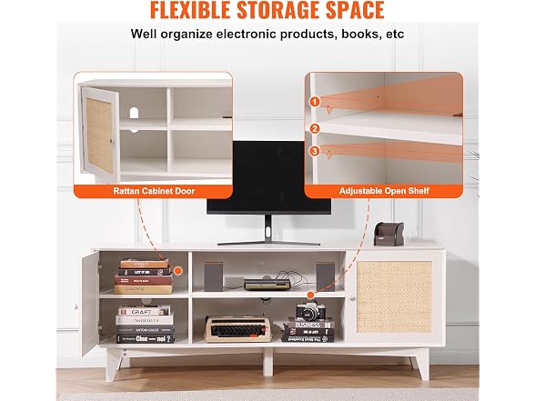Rattan TV Stand for 75in TV, Boho TV Stand with