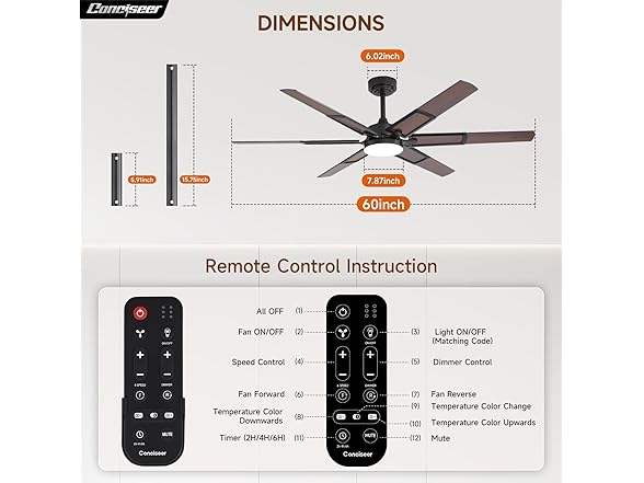 Conciseer 60in Ceiling Fan 5CCT Remote