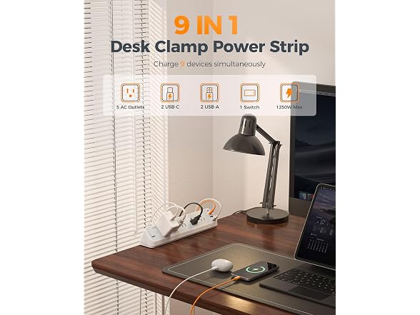 TESSAN 2100J Desk Clamp Power Strip 10ft Cord (5 Outlets, 4 USB)