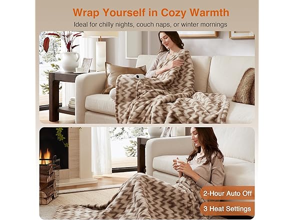 Beautyrest Long Brushed Faux Fur Chevron Electric Blanket