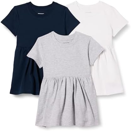 Amazon Essentials Girls' Short Sleeve Jersey Dress, Pack of 3, Light Grey Heather/Navy/White, X-Large