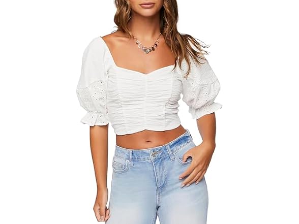 Forever 21 (S) Ruched Eyelet Crop Top White