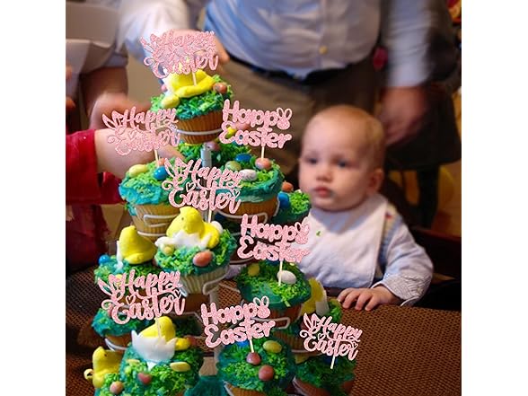 Gyufise 24Pcs Pink Glitter Easter Topper