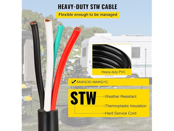 25' 50A RV Camp Power Cord Generator Cord 6/3