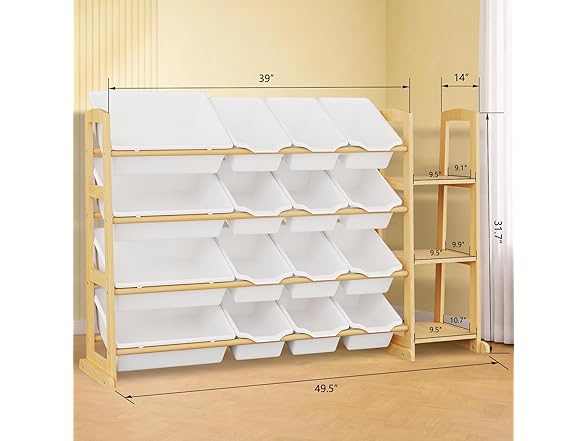 Etitlly Kids Toy Storage Organizer with Bookshelf – Wooden Shelf with 16 Bins & 3 Shelves, Quick Assembly Storage Rack for Playroom, Bedroom, Nursery - White (Open Box)