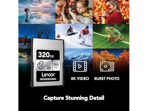 Lexar 320GB Professional CFexpress Type A SILVER Series Memory Card, Compatible with Sony Cameras w/ Type A Card Slot, Up to 800/700 MB/s Read/Write, 8K Video, VPG 200 (LCAEXSL320G-RNENG) (Open Box)