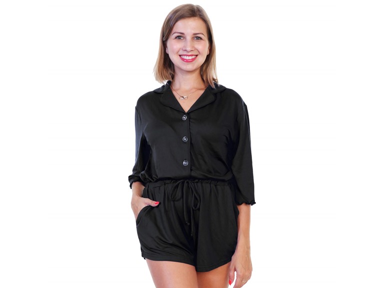 Angelina PJ65_BLACK_1_S Small Angelina Brushed Microfiber Quarter Sleeves Button-Down Romper Black