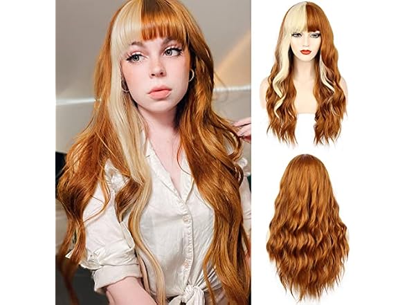 Orange Wig with Bangs Long Wavy Wigs for Women