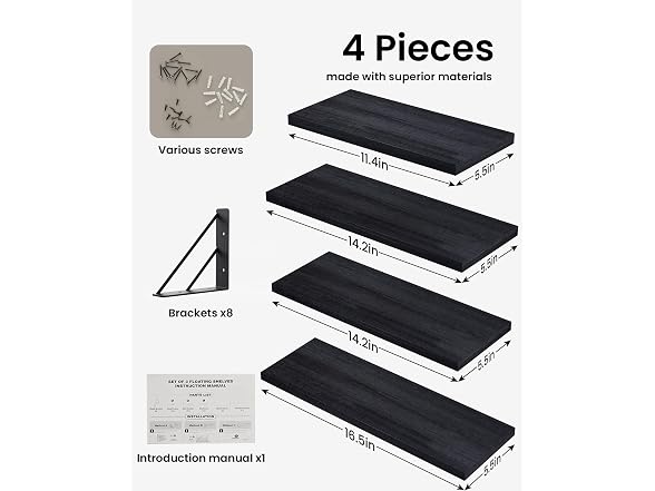 BAYKA 4pc Wood Floating Bathroom Shelves