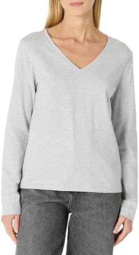 Amazon Essentials Women's 100% Cotton Regular-Fit Long-Sleeve V-Neck T-Shirt, Light Grey Heather, Large