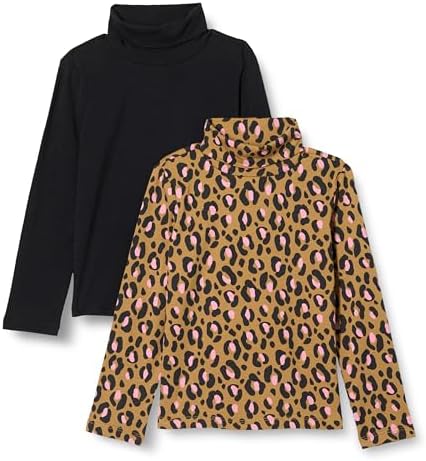 Amazon Essentials Girls' Turtleneck T-Shirt, Pack of 2, Black/Mini Leopard, X-Small