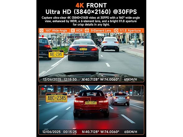 160°+185° Ultra Wide Angle 4K Dash Cam