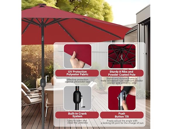 HealSmart 9' Solar Umbrella 32 LED, Red