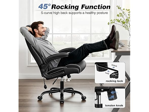 BESTFAIR Ergonomic Office Chair - Desk Computer Chair, Leather High Back Executive Chairs with Adjustable Lumbar Support & Flip Up Arms, Rocking, Black (Open Box)