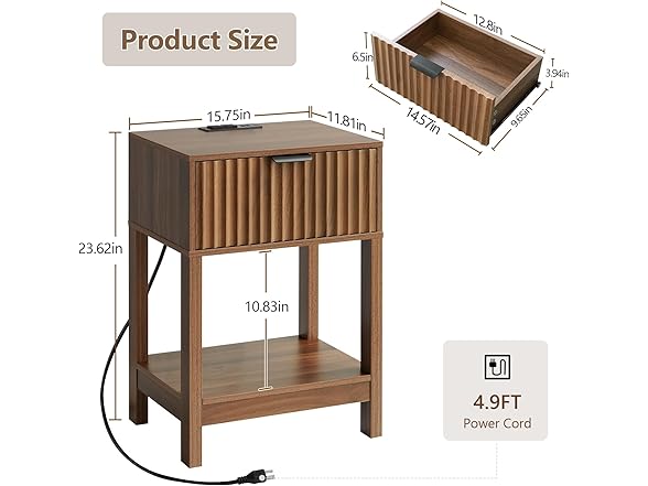 Nasonet Walnut Nightstands with Drawer, Set of 2