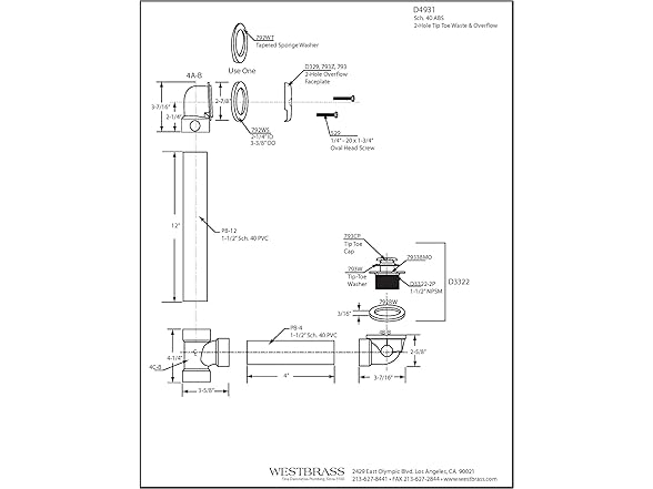 Westbrass D4931-4-62 1-1/2" x 12" Bath Waste & Overflow
