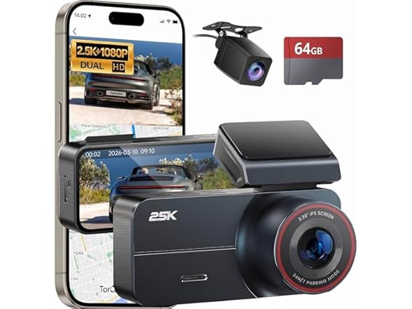 Yonvim 2.5K Dash Cam Front Rear 64GB
