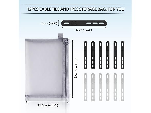 Silicone Cable Ties 12Pcs+Organizer Bag